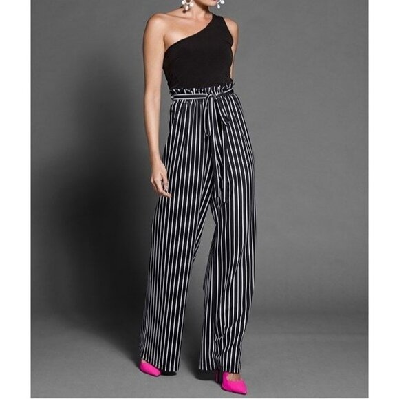 Venus Paperbag Striped Jumpsuit Womens Sz 2X Asymmetrical Neckline Glam Party - Picture 1 of 10